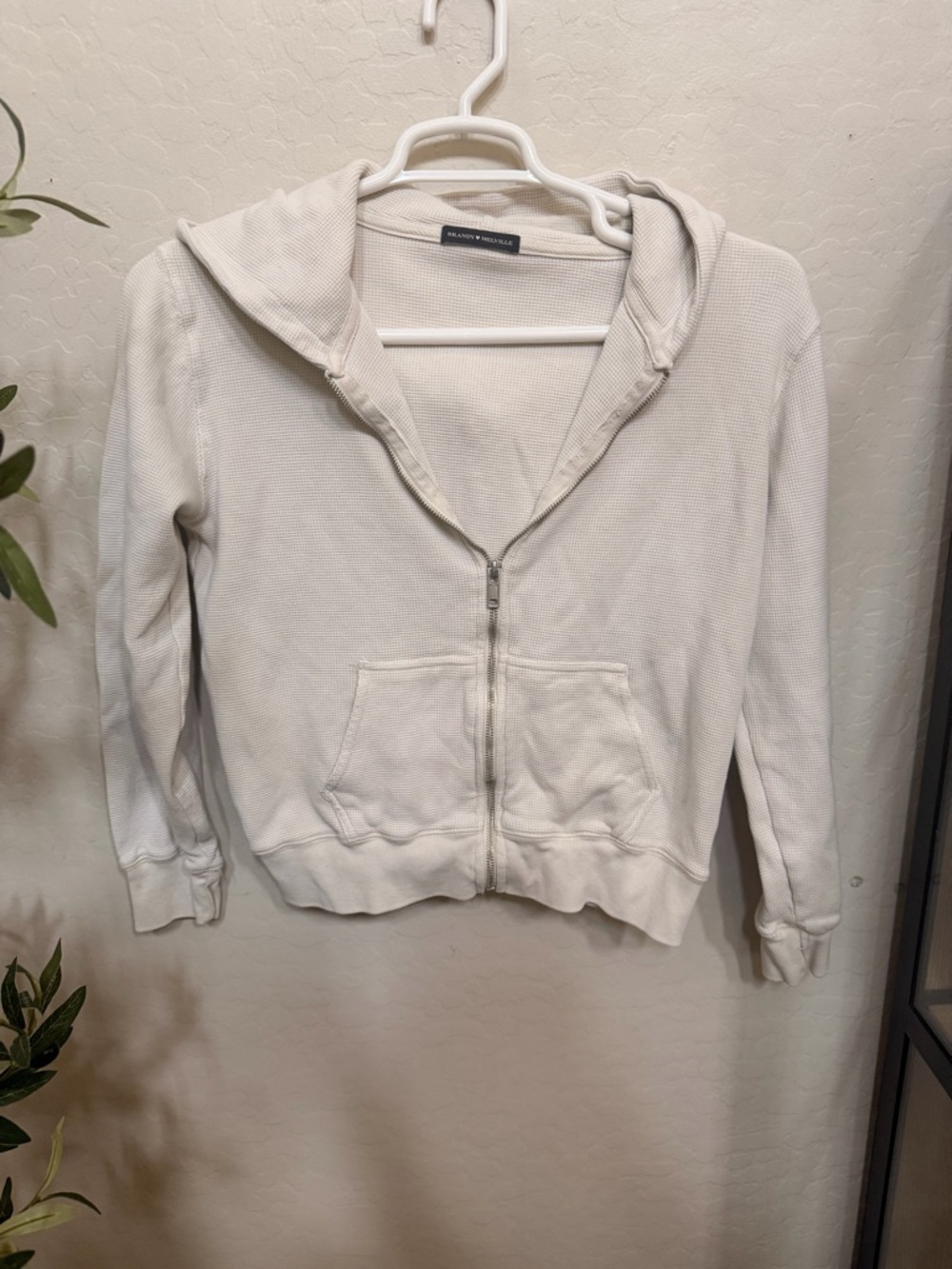 Brandy Melville Cream Waffle-Knit Zip Hoodie